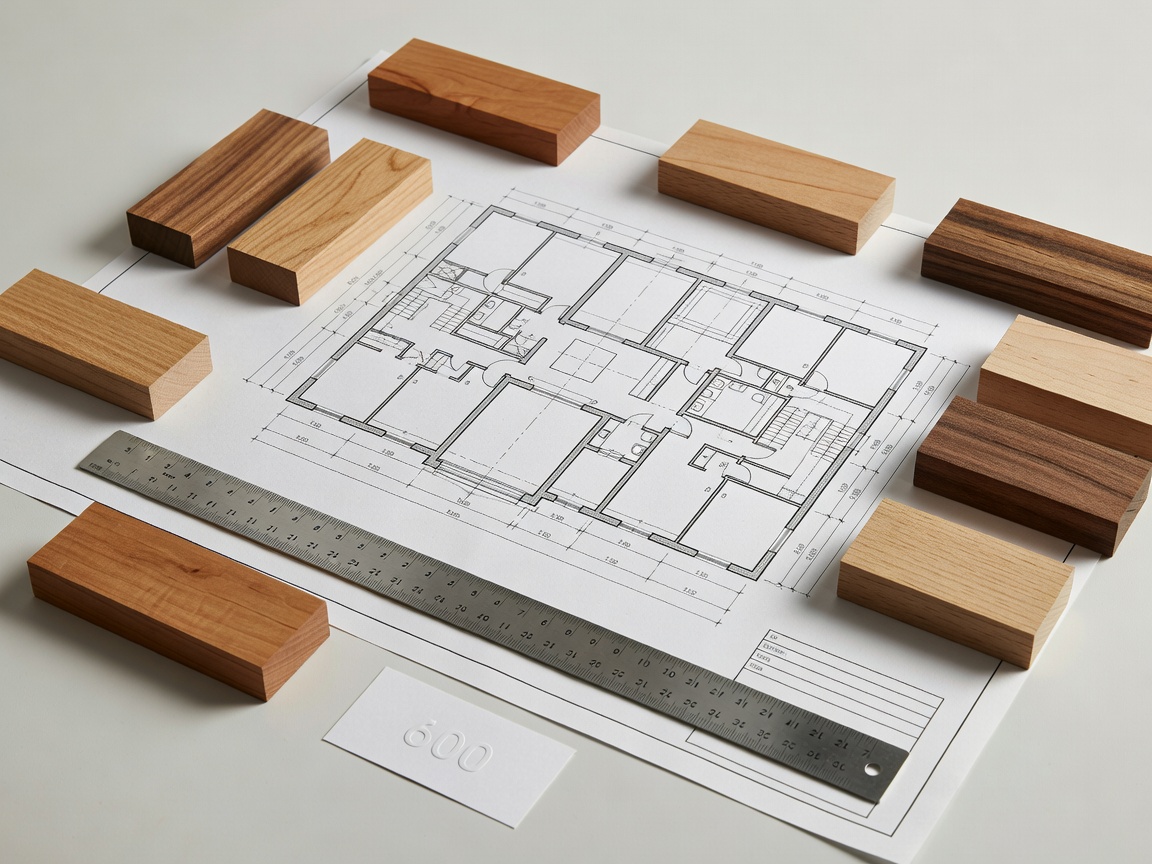 Architectural draft with scale ruler and timber sample blocks detailing project budget categories