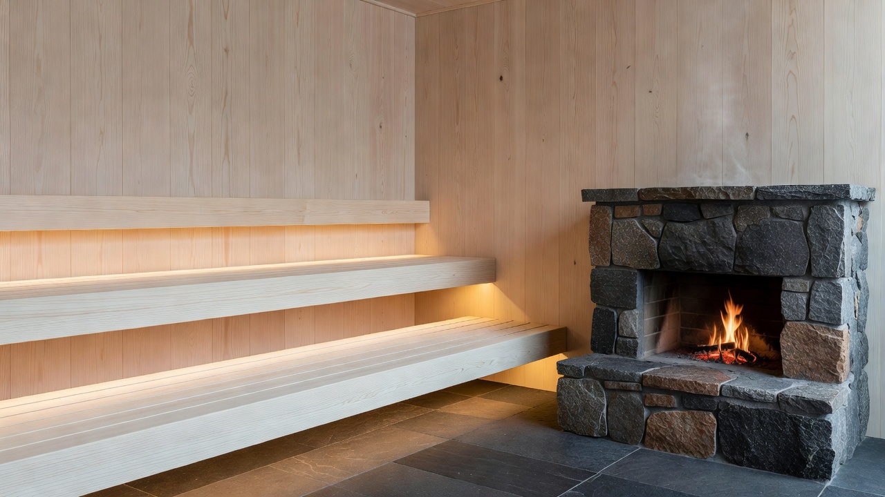 Architectural sauna interior featuring cantilevered aspen benches, concealed diffused lighting, and stone hearth detailing
