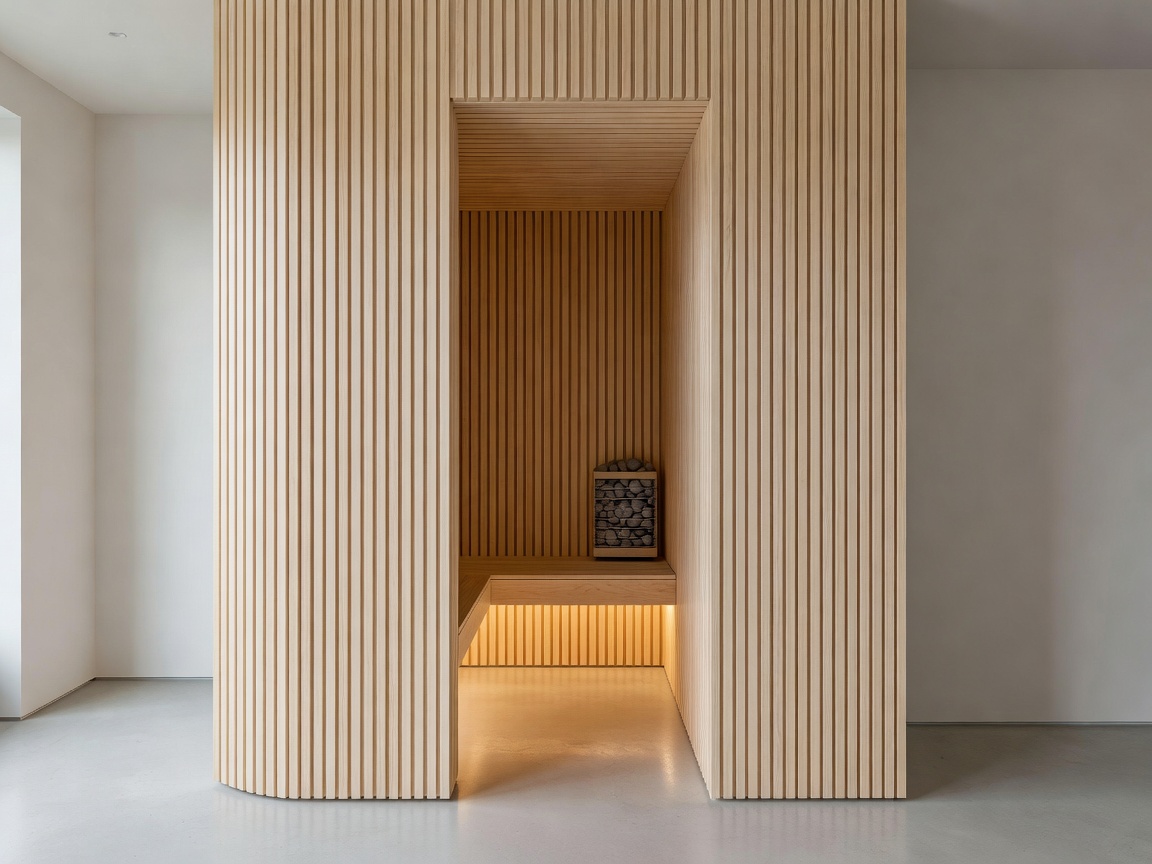 Clever compact sauna built into an urban apartment alcove with vertical slat cladding
