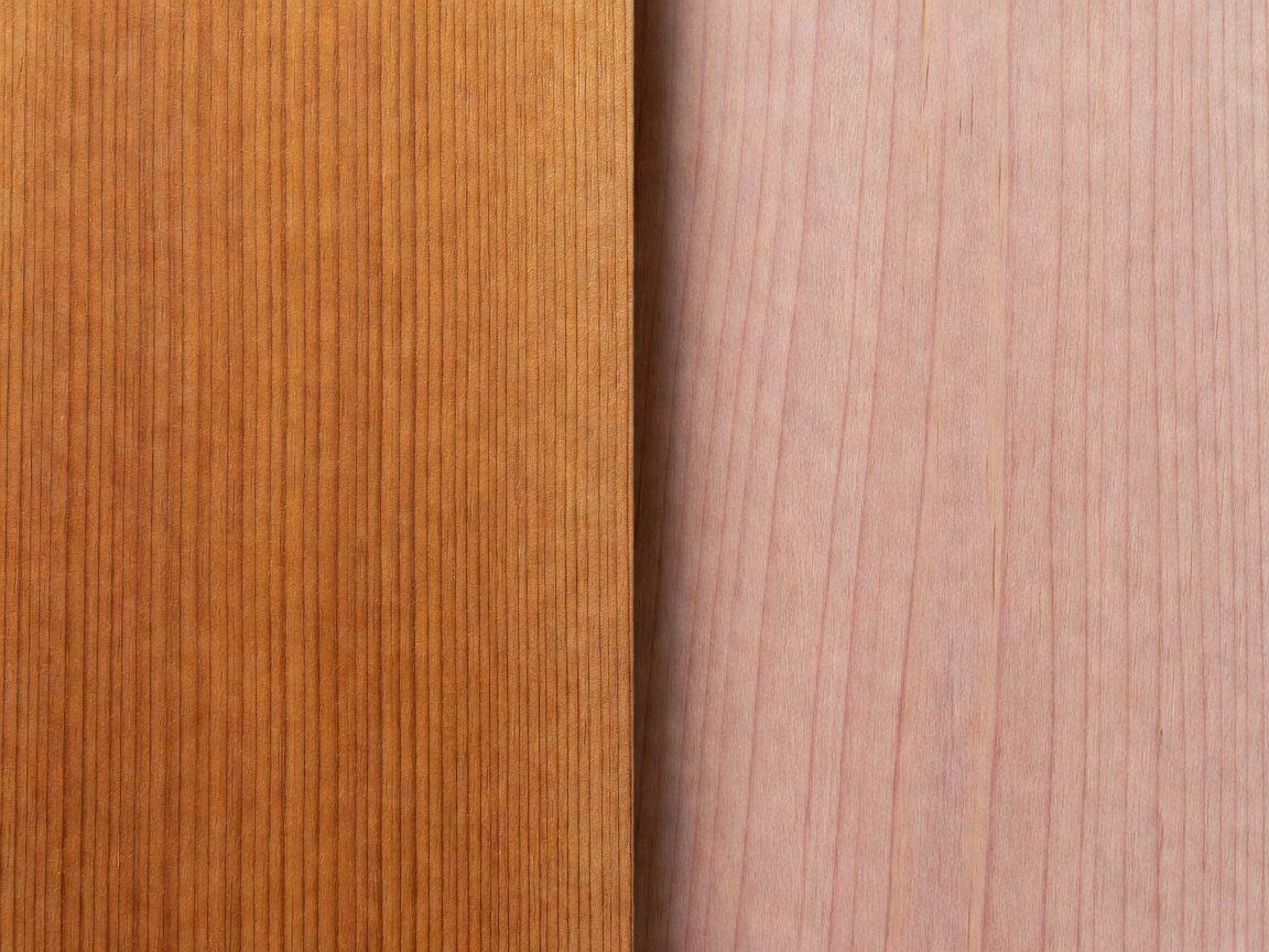 Close up texture of knot-free Western red cedar grain compared to soft pink Nordic alder