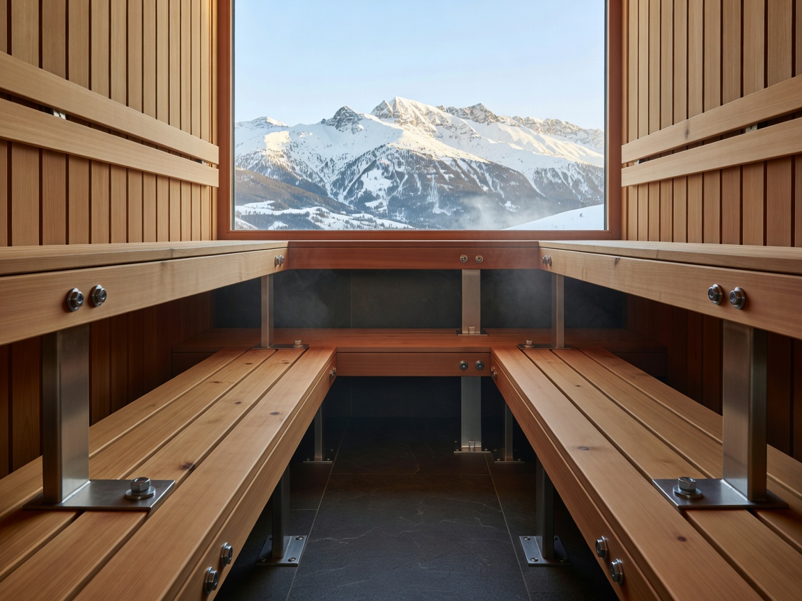 Commercial sauna bench system in a boutique Alpine hotel featuring heavy-duty stainless steel fasteners