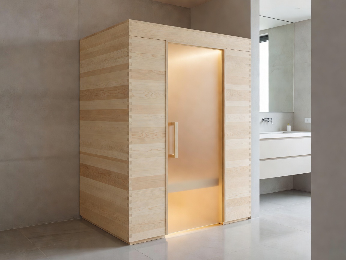 Compact modern sauna installed inside an urban apartment ensuite with frosted privacy glass
