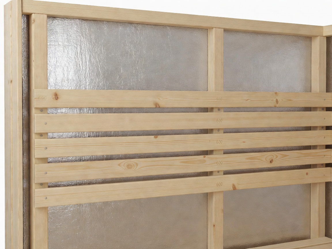 Cross section of sauna wall framework featuring foil vapor barrier, counter battens, and air gap ventilation