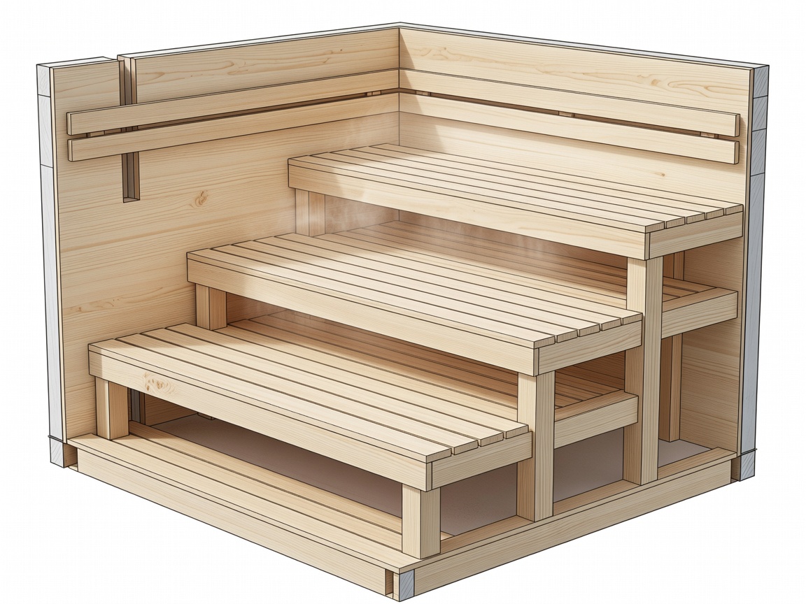 Detailed architectural cutaway of stepped multi-level sauna benches showing air pocket clearances