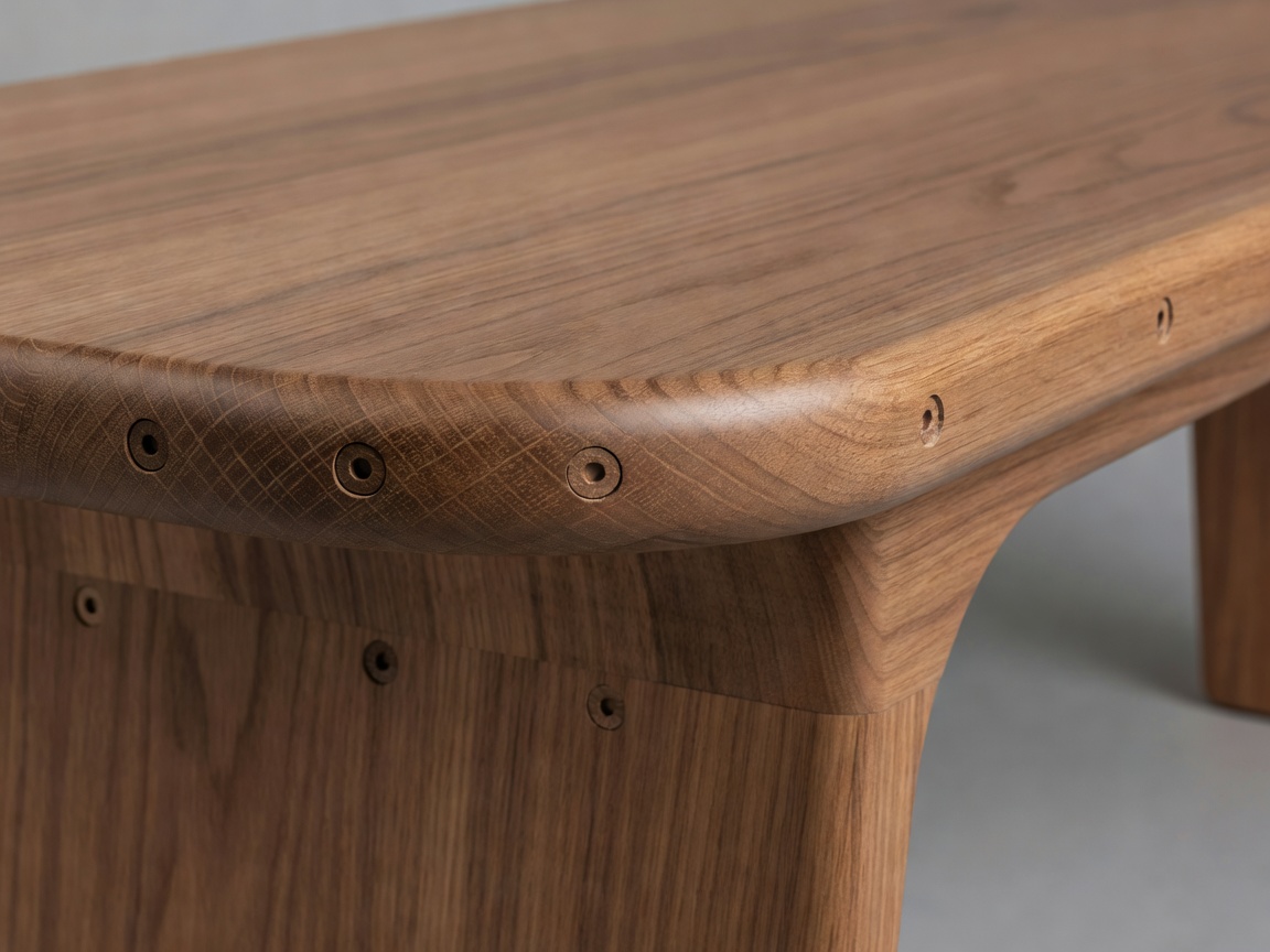 Detailed close-up of rounded bench edge profile and concealed underside screw fastenings