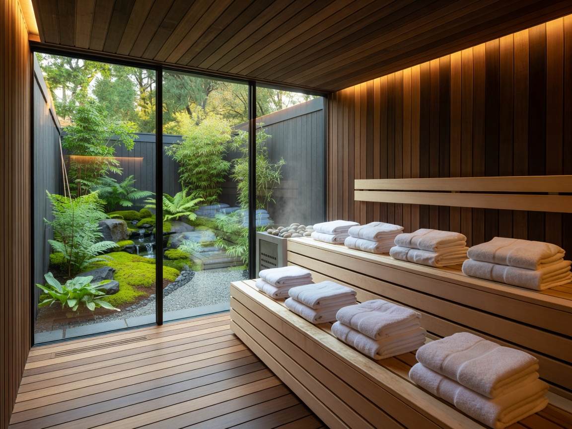 Expansive commercial wellness sauna in a boutique hotel with glass wall overlooking a private courtyard garden