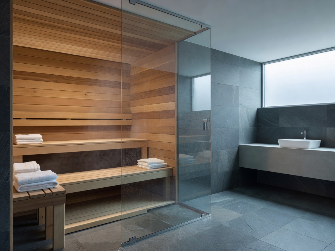 Frameless tempered glass wall separating a warm timber sauna cabin from a serene stone bathroom