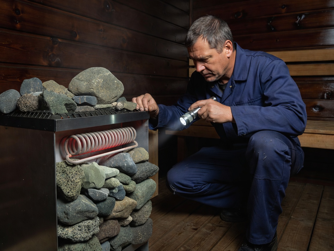 Maintenance technician inspecting sauna heater element and natural peridotite sauna stones