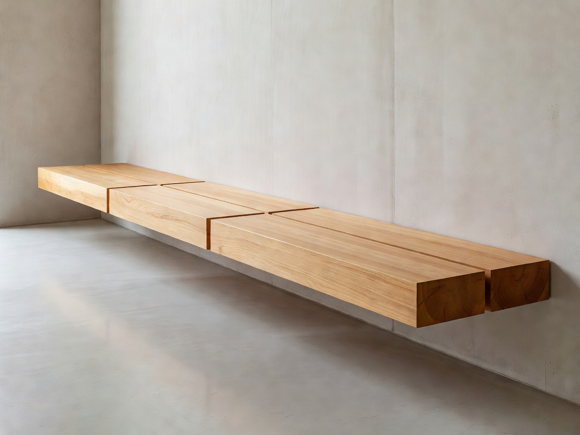Minimalist cantilevered bench system constructed from broad thermo-aspen planks without visible floor supports