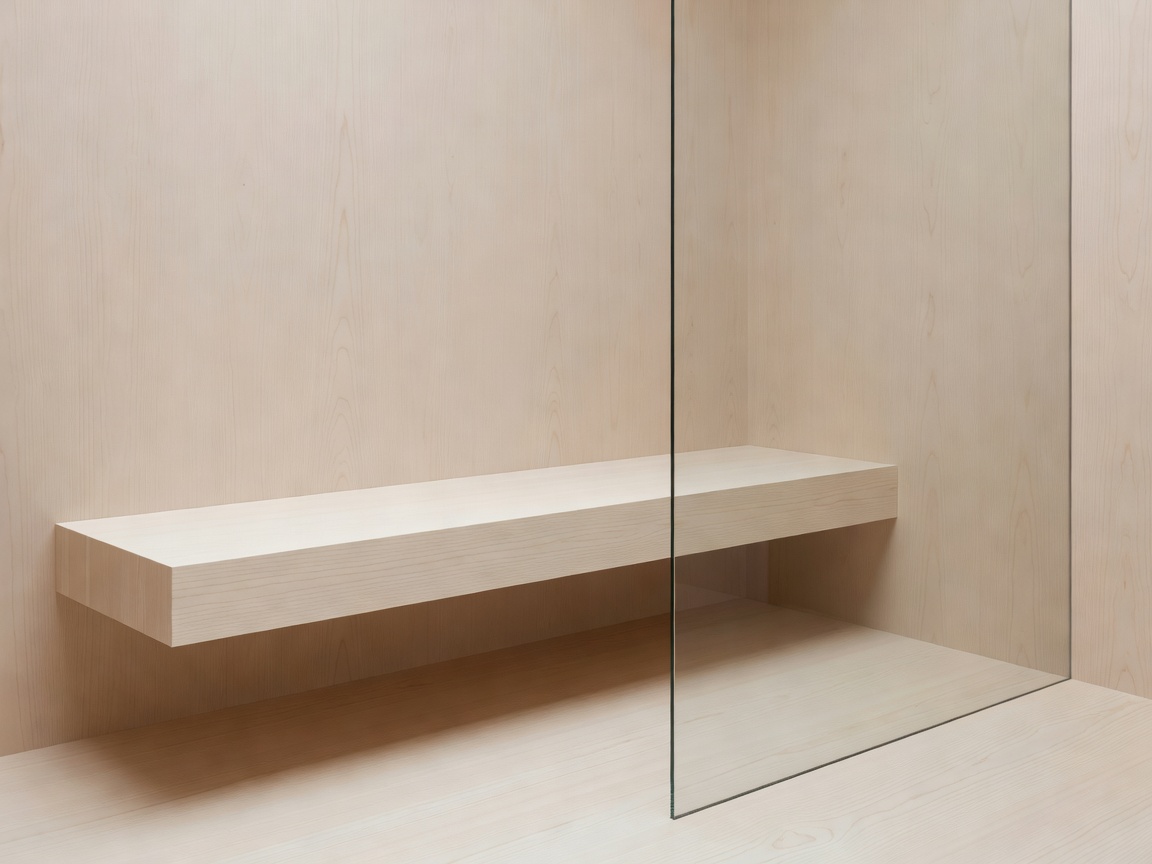 Minimalist sauna interior plan showing floating bench geometry and frameless glass partition