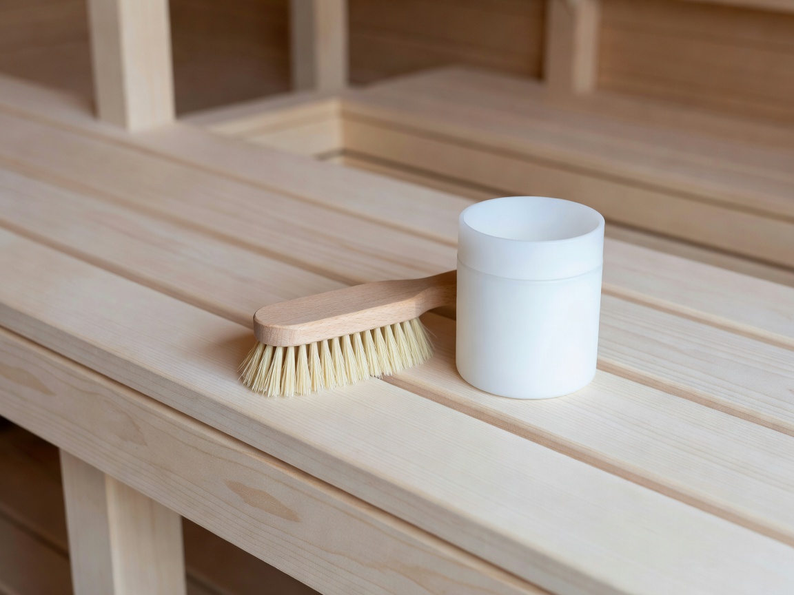Natural bristle brush and mild oxygen cleaner placed on a clean sanded sauna bench