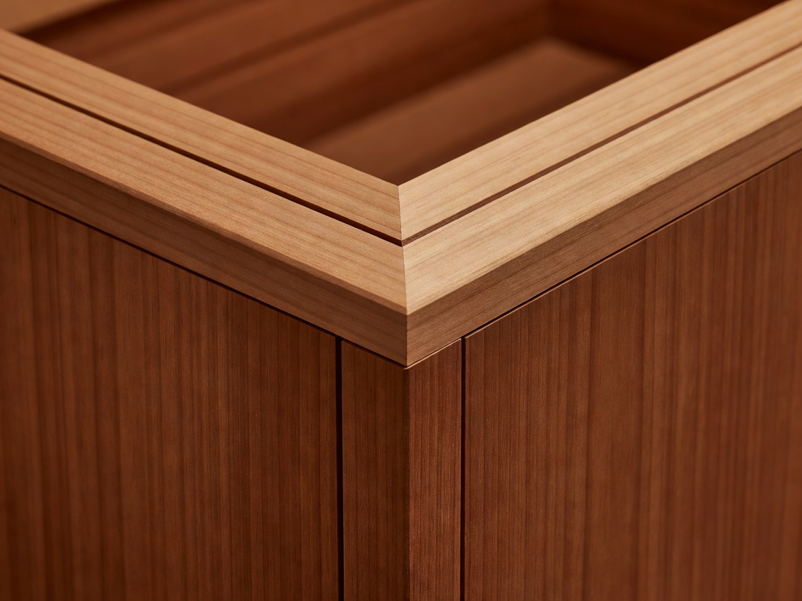 Precision mitred shadow gap corner detail inside a custom built sauna enclosure