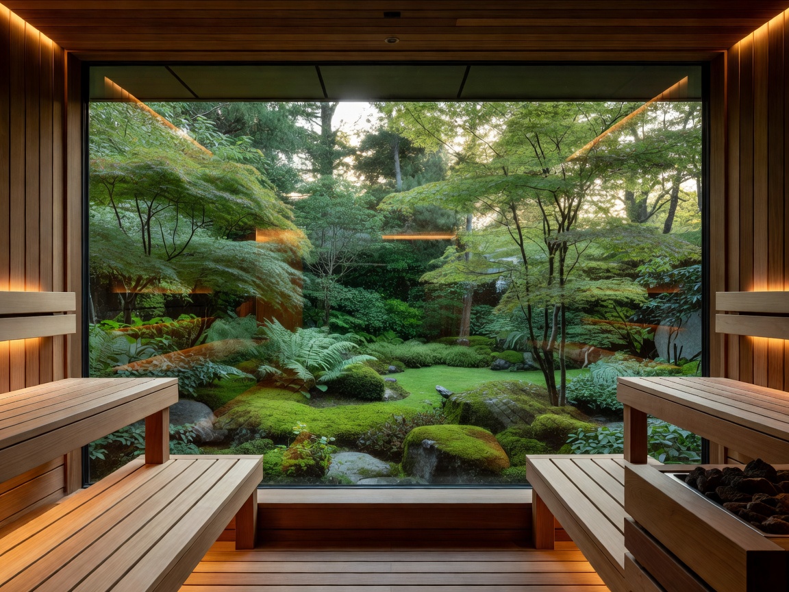 Private residential sauna integrated into a master suite with panoramic garden glass wall