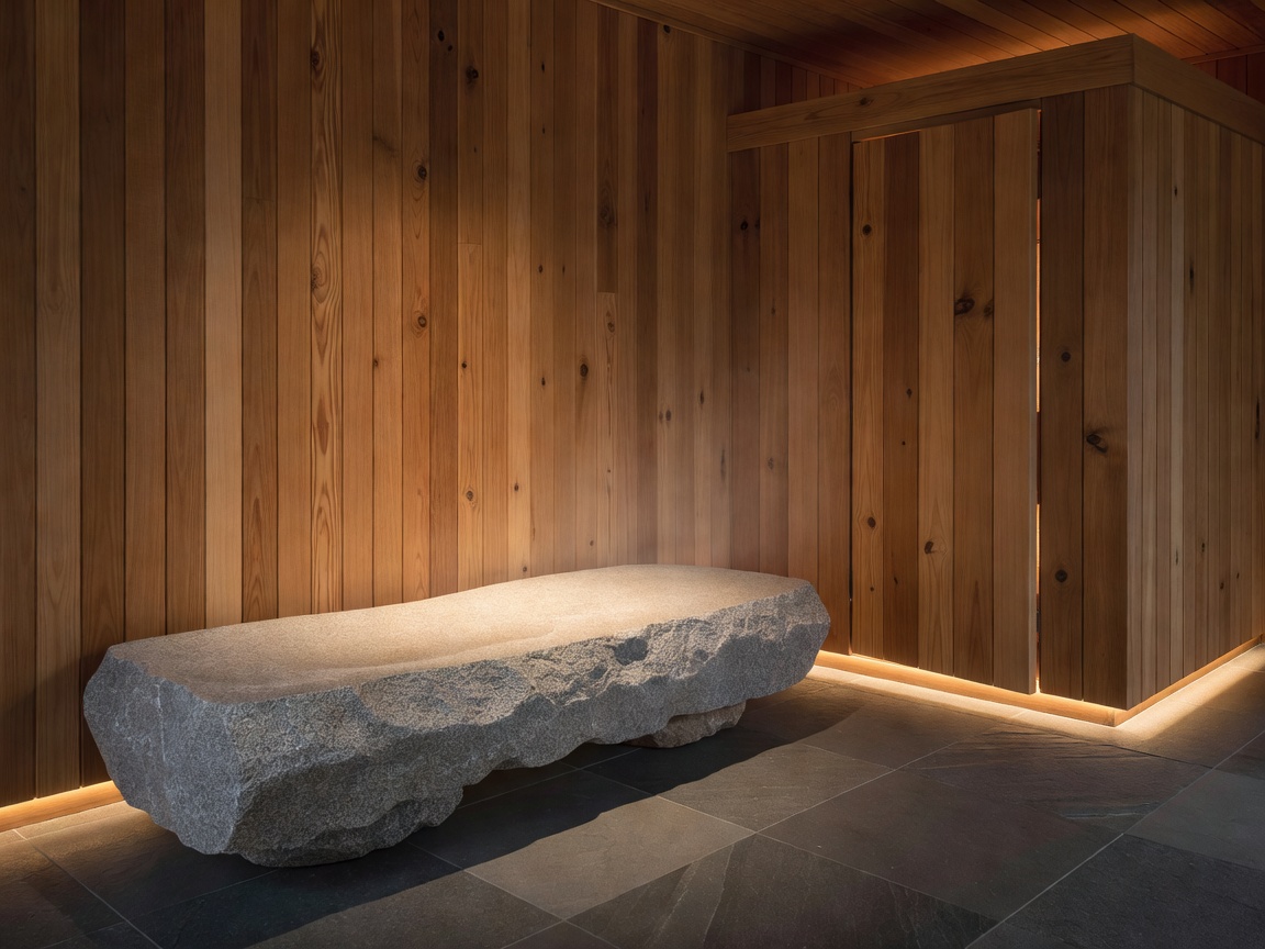 Serene relaxation lounge with stone bench and soft warm lighting adjacent to an enclosed timber sauna