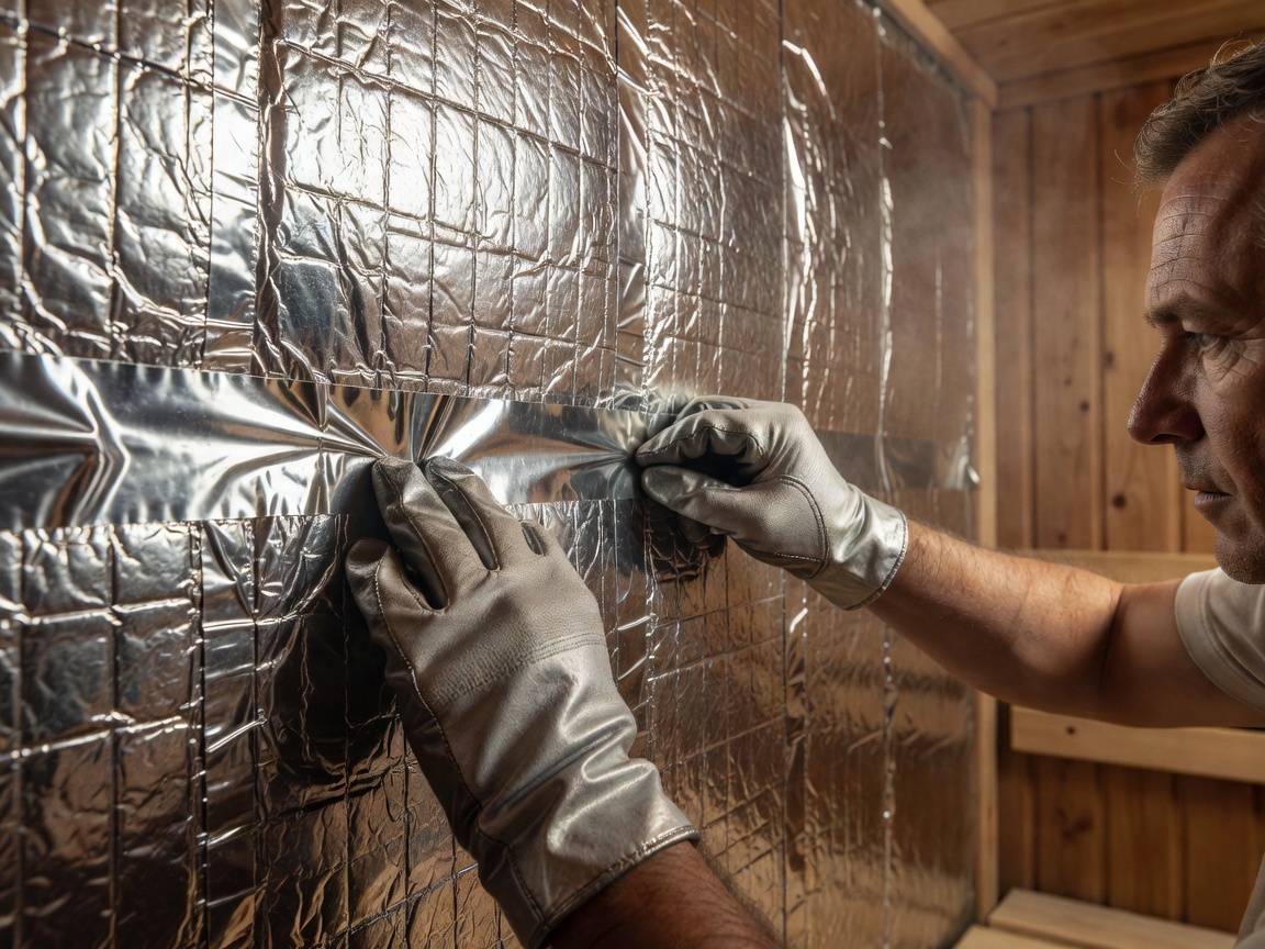 Specialist applying heat-resistant aluminum tape over airtight sauna wall insulation foil
