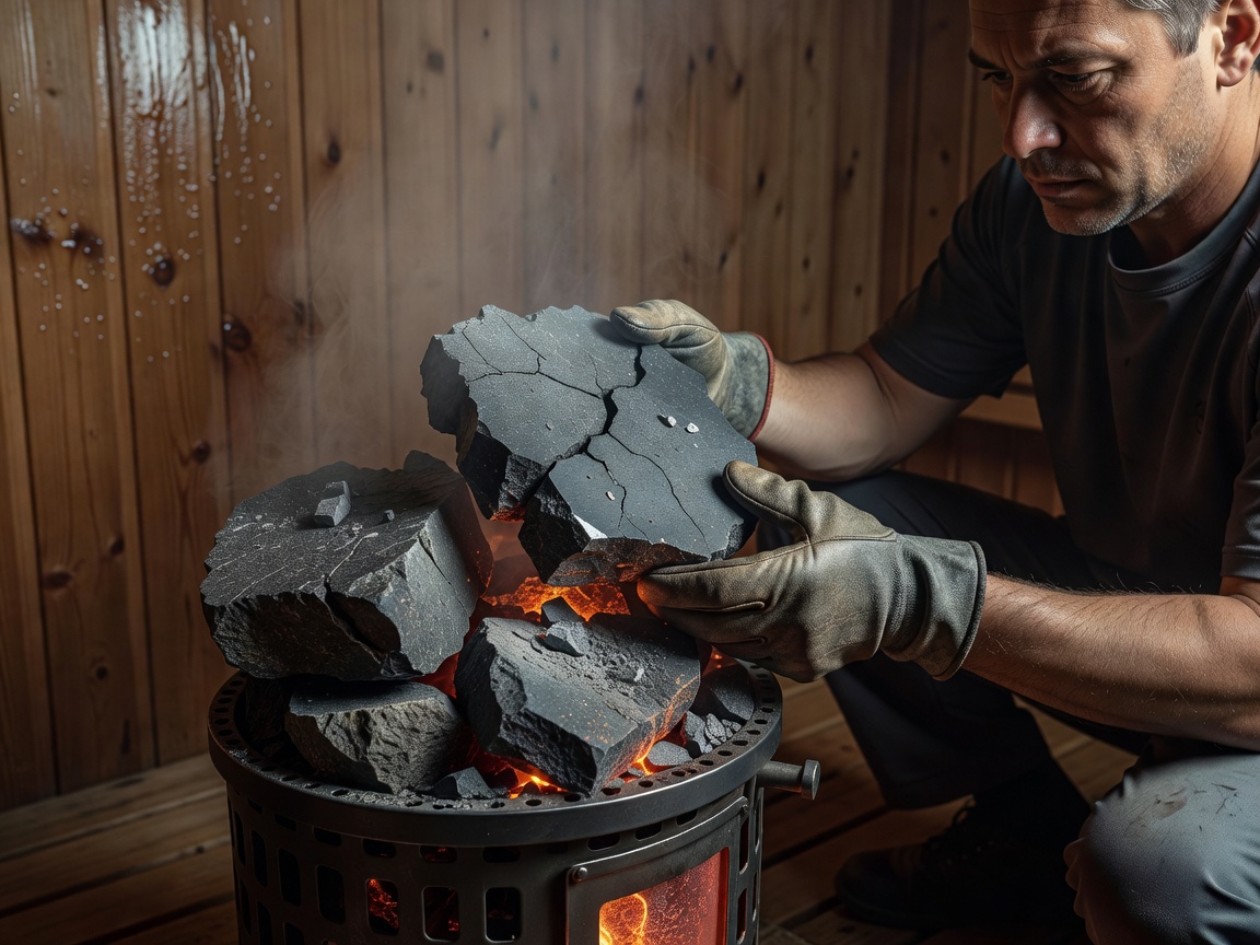 Specialist carefully removing and inspecting cracked igneous sauna stones from an electric stove basket