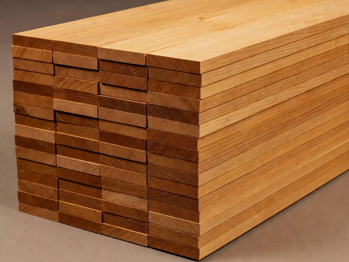Stacked milled planks of thermally modified European aspen showing warm caramel hue and tight grain