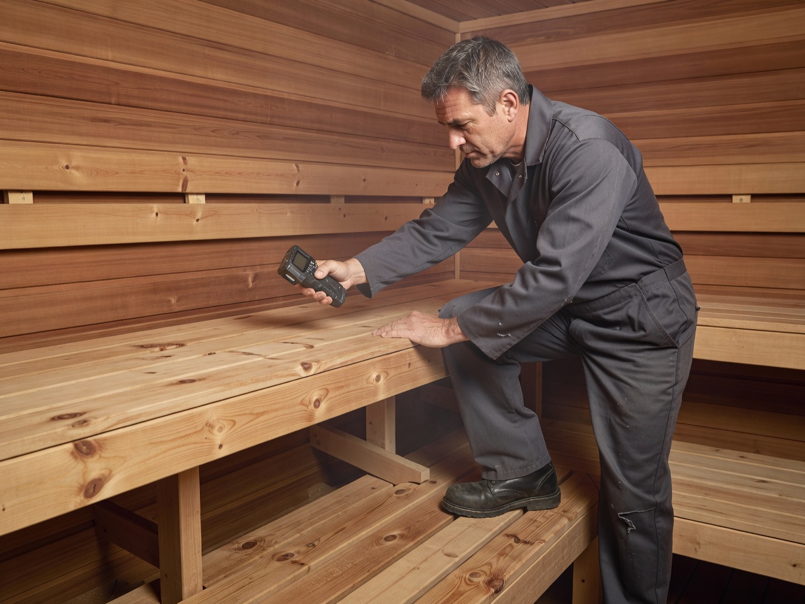 Technician measuring temperature gradient across upper sauna bench with infrared digital pyrometer