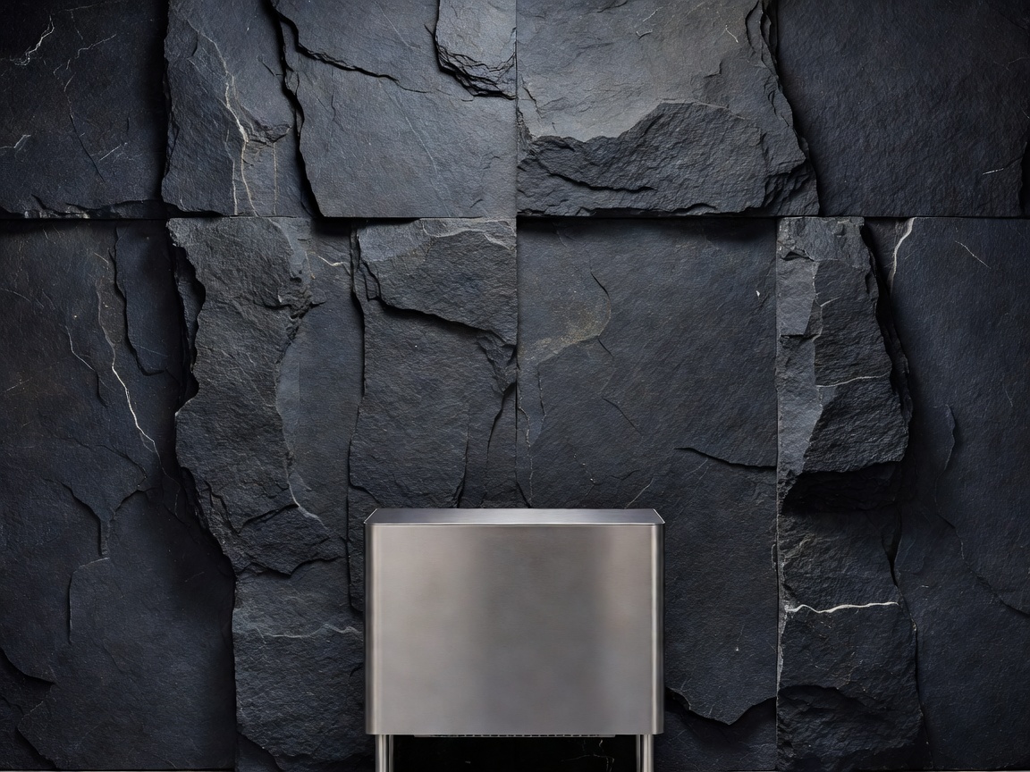 Textured dark split-face quartzite wall panel positioned behind a minimalist stainless steel sauna heater