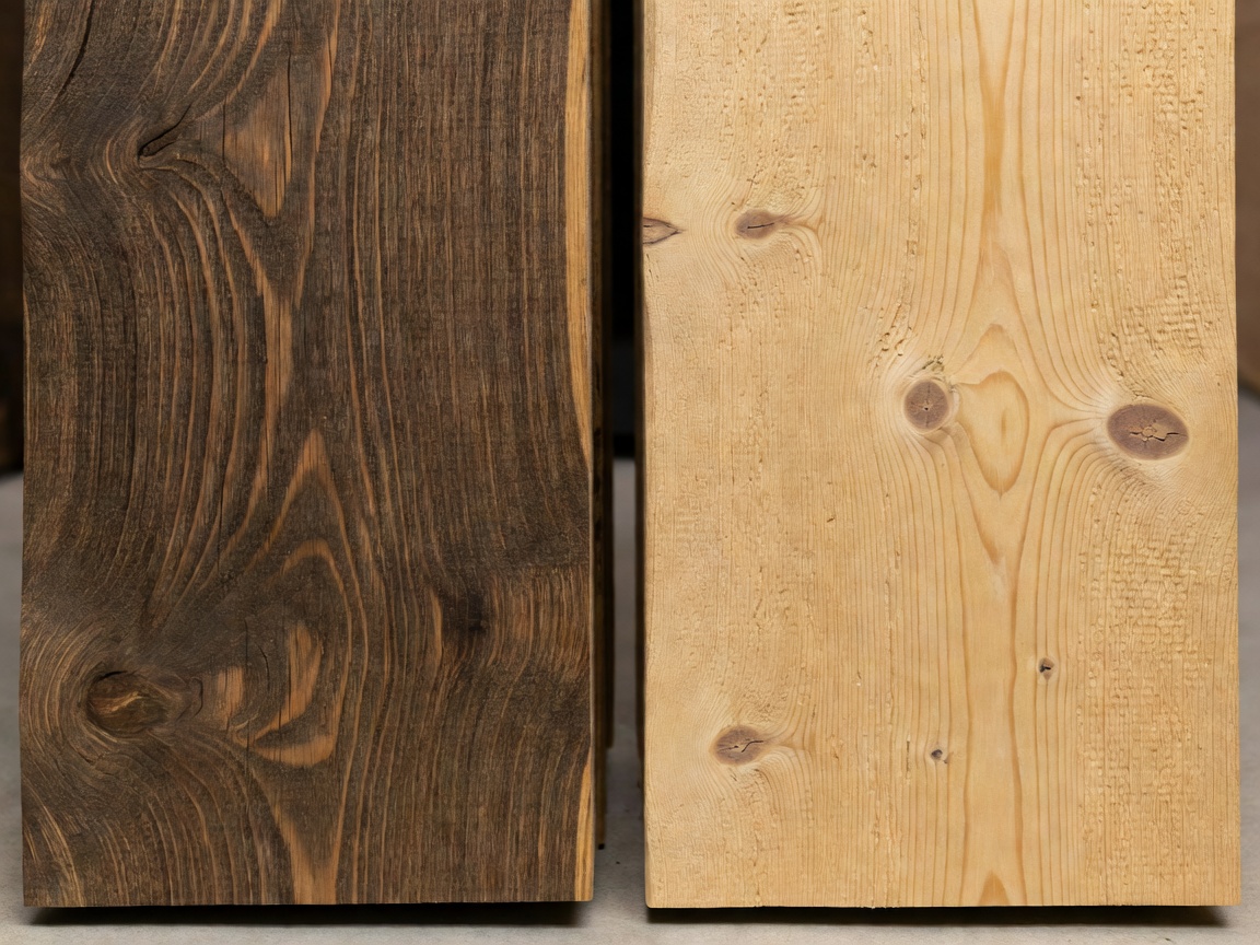 Textured thermo-treated alder and knotted Nordic spruce timber profiles displayed side by side